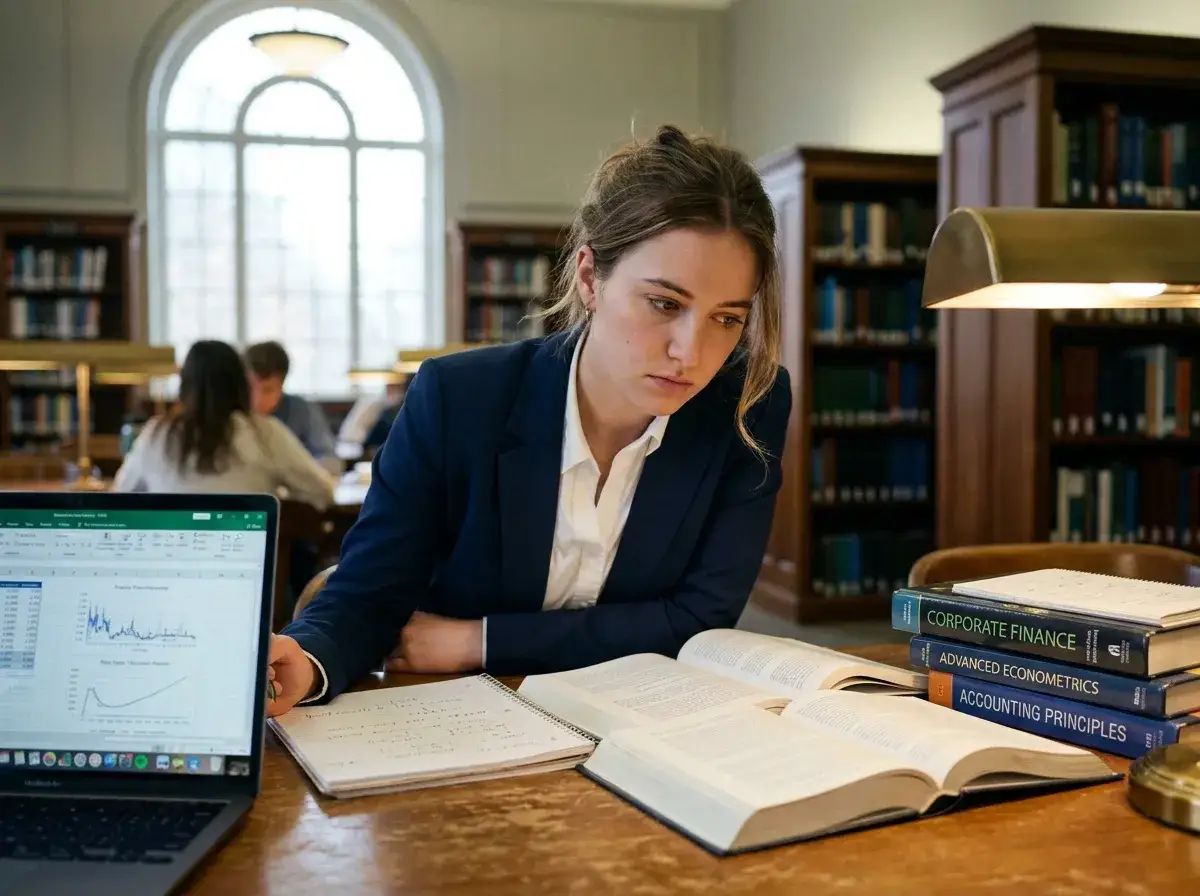 Étudiante concentrée sur sa licence finance à distance, entourée de livres et d'un ordinateur dans une bibliothèque.