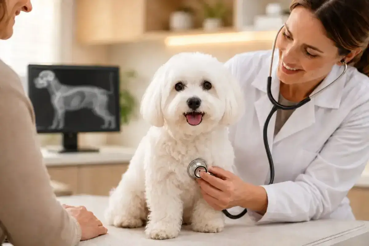 Veterinaria revisa a un Bichón Maltés blanco, preguntándose cuánto vive un Bichón Maltés. En el fondo, una radiografía de un perro.