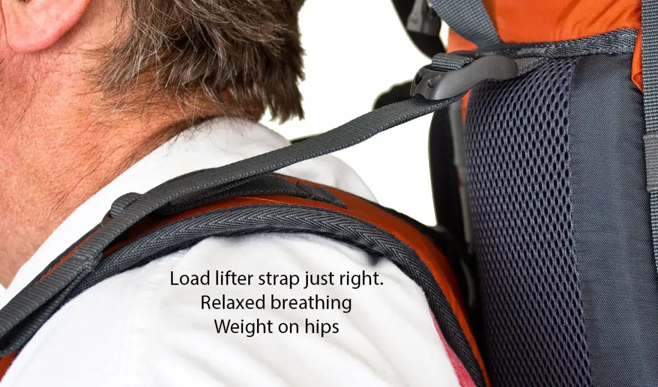 Détail sur comment porter un sac à dos : sangle de portage bien ajustée, respiration aisée, poids sur les hanches.