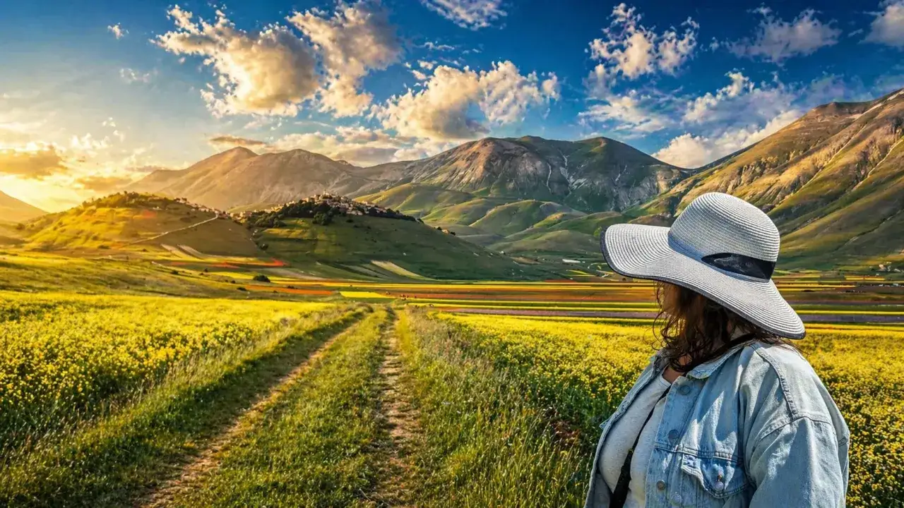 Donna con cappello ammira il **Val di Norcia** fiorito, con montagne sullo sfondo al tramonto.