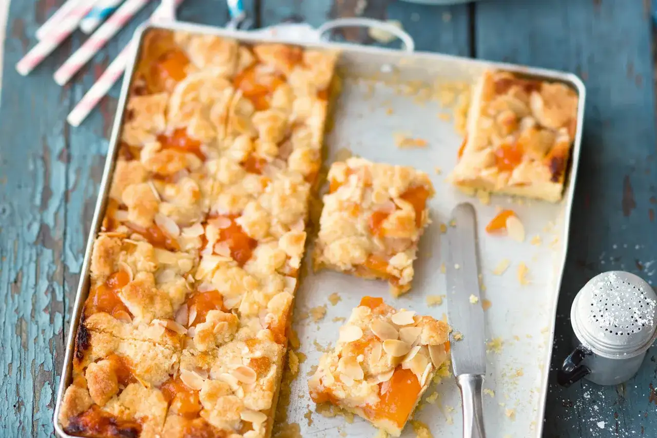 Saftiger aprikosenkuchen mit Streuseln und Mandelbl&auml;ttchen, frisch aus der Backform geschnitten. Ein Genuss!
