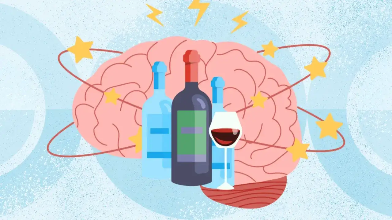 Mózg z butelkami alkoholu i kieliszkiem wina, otoczony gwiazdkami i błyskawicami. Ilustracja pokazuje zmianę zachowania po alkoholu.