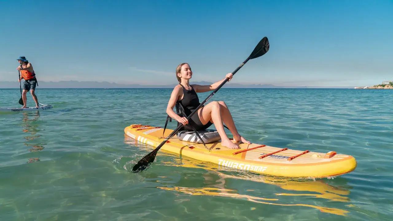 Frau paddelt auf einem gelben SUP, das wie ein Kajak genutzt wird. Ein Mann steht auf einem anderen SUP im Hintergrund.