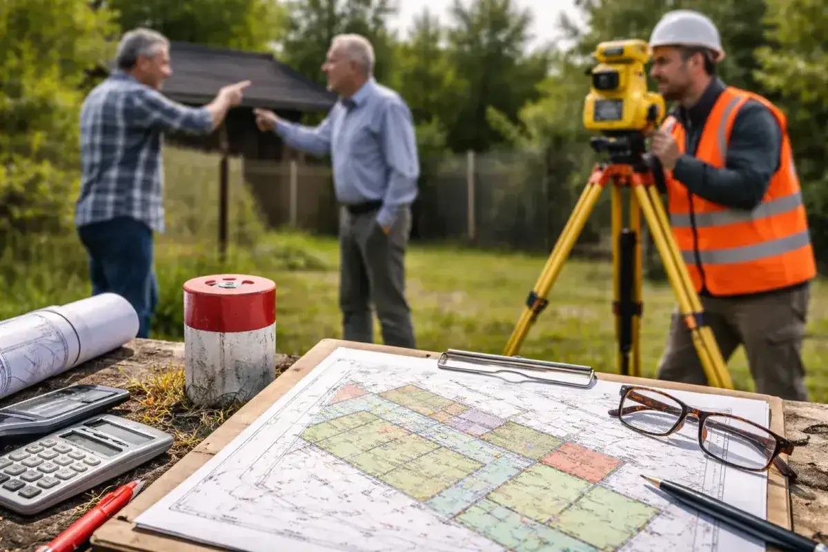 Geodeta z niwelatorem i mapa działki. Dwóch mężczyzn dyskutuje o granicach. Zastanawiasz się, ile kosztuje rozgraniczenie działki?