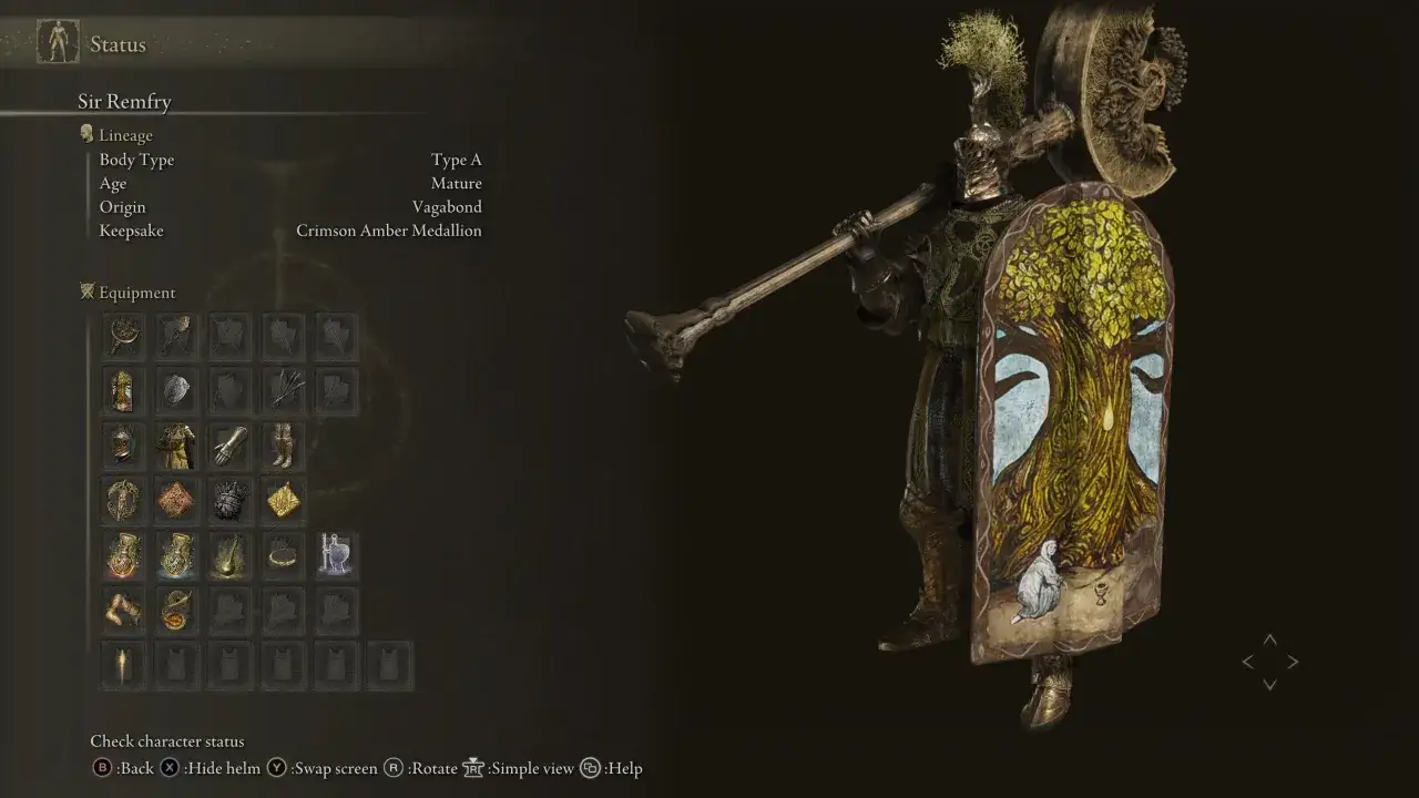 Sir Remfry, con un escudo con un &aacute;rbol de la vida y un guerrero con un martillo, buscando la mejor arma Elden Ring.