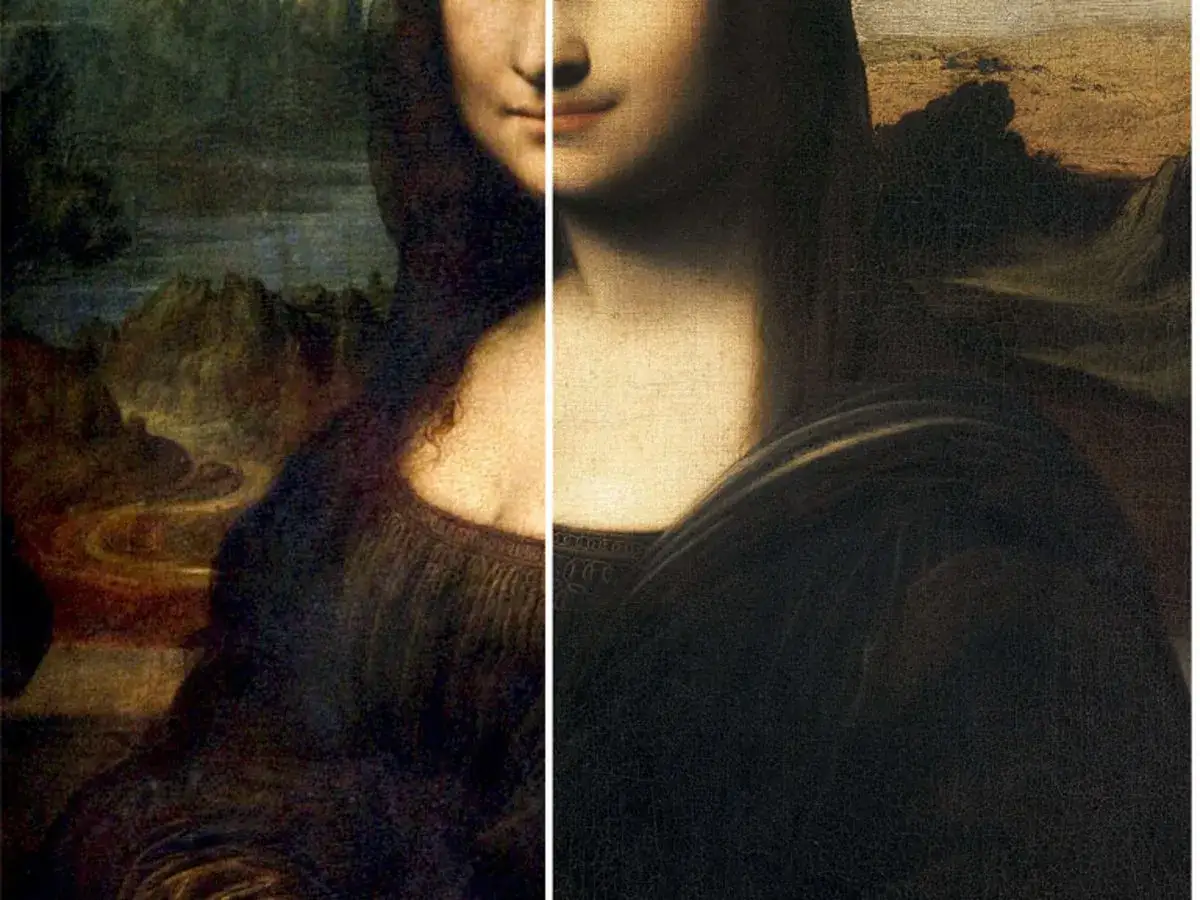 Porównanie dwóch wersji Mona Lisy: tej z Luwru i młodszej, Mona Lisy z Isleworth, z widocznym krajobrazem w tle.