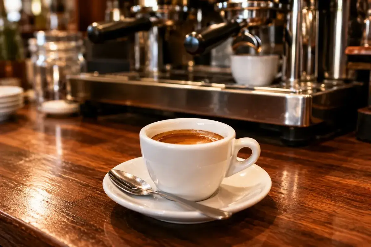 Aromaticzne espresso w filiżance, idealne na pobudzenie. Standardowe espresso ma około 30 ml.