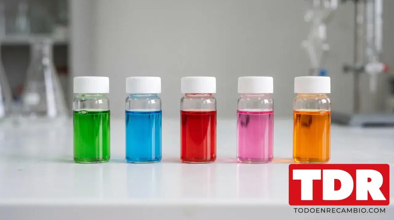 Cinco viales con l&iacute;quidos de distintos colores: verde, azul, rojo, rosa y naranja. El color del anticongelante puede variar.