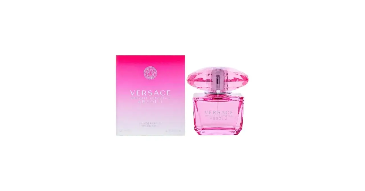 Różowy flakonik i pudełko perfum Versace Bright Crystal Absolu 90ml, z kryształowym korkiem.