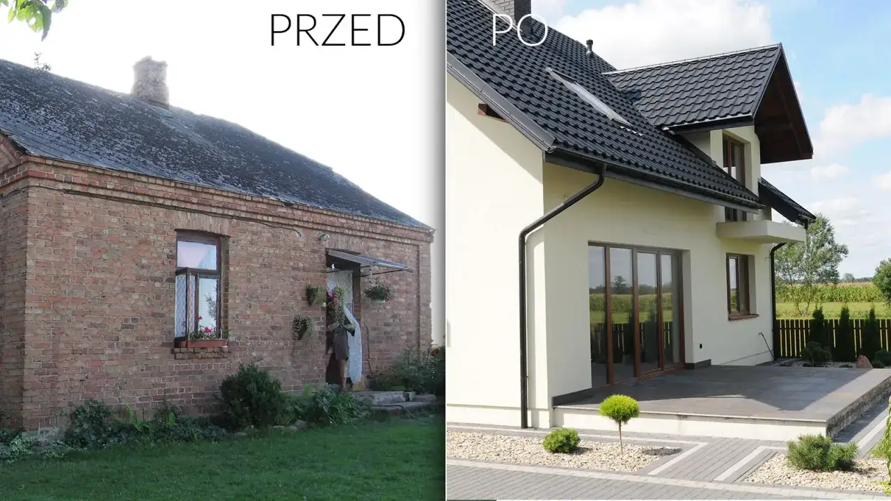 Przed i po: stara ceglana chata przeszła metamorfozę, stając się nowoczesnym domem po rozbudowie.