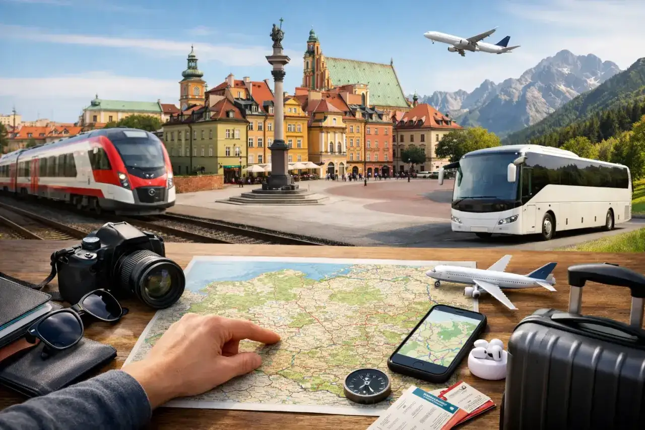 Reiseplanung: Zug, Bus, Flugzeug &ndash; von Breslau nach Krakau. Karte, Kamera, Handy und Koffer liegen bereit.