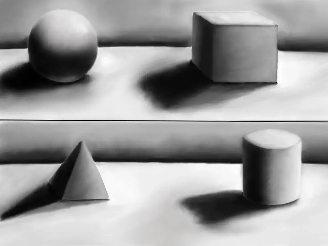 Un dessin ombre de formes géométriques : sphère, cube, cône et cylindre, posées sur une surface.