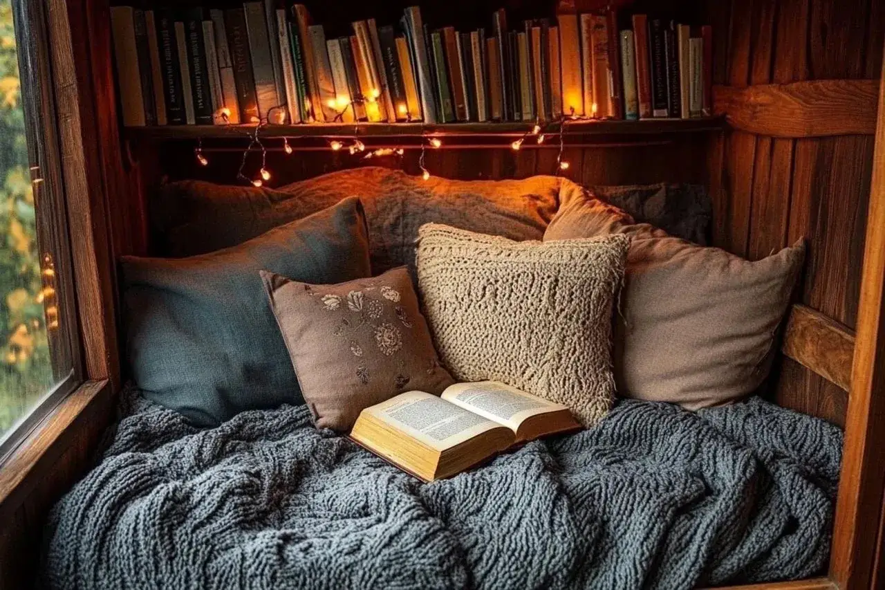 Un angolo accogliente con cuscini morbidi, una coperta calda e una fila di libri d'amore illuminati da lucine.