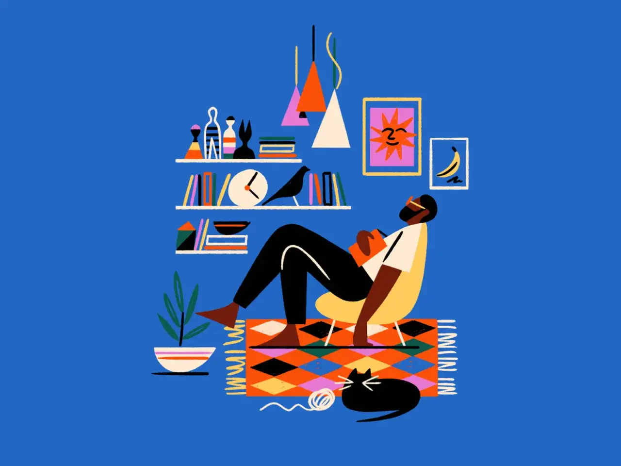 A man relaxes in a chair, reading a book, in a room with a retro graphic design aesthetic. A black cat naps nearby.