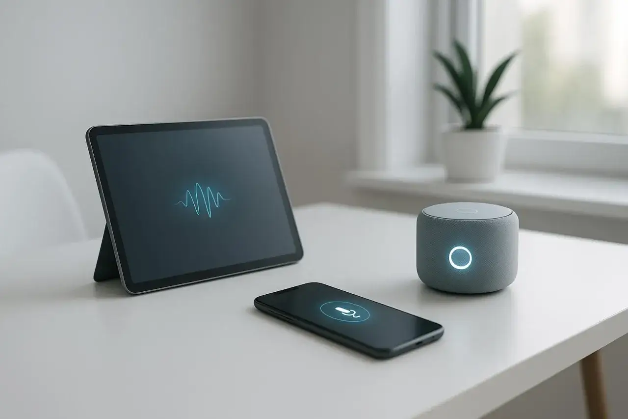 Un teléfono, una tablet y un altavoz inteligente muestran ondas de sonido, indicando la presencia de un asistente voz.
