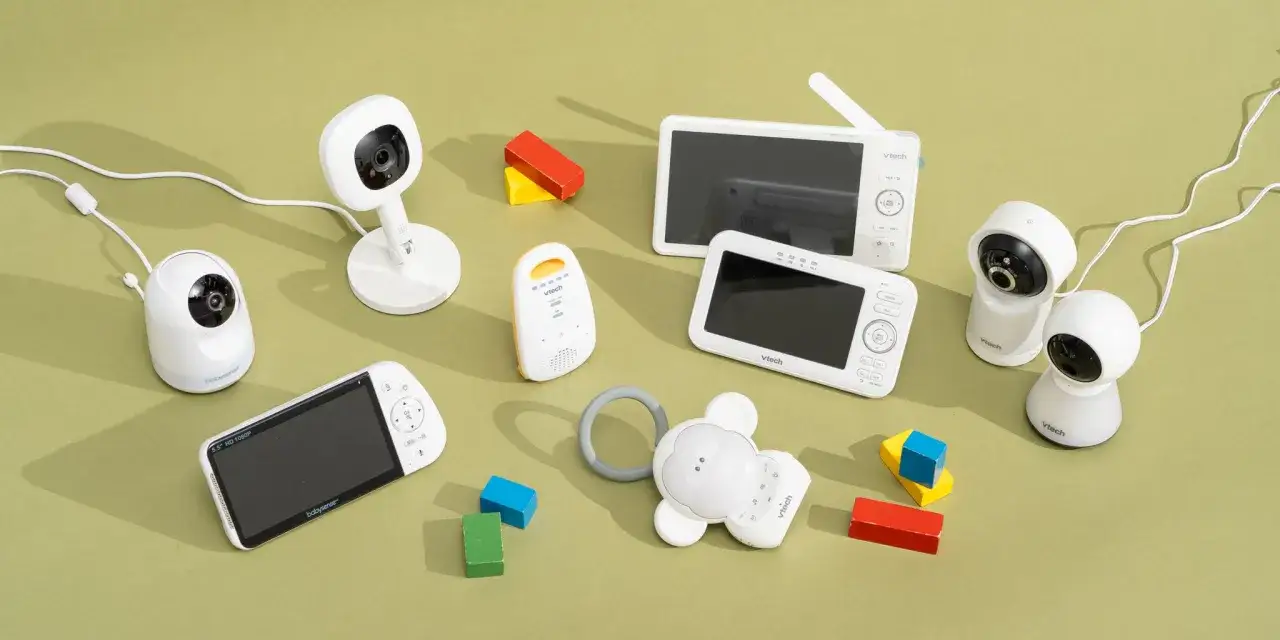 Flera babyvakt-enheter, inklusive kameror och monitorer, ligger utspridda. En batteridriven babyvakt ger trygghet.