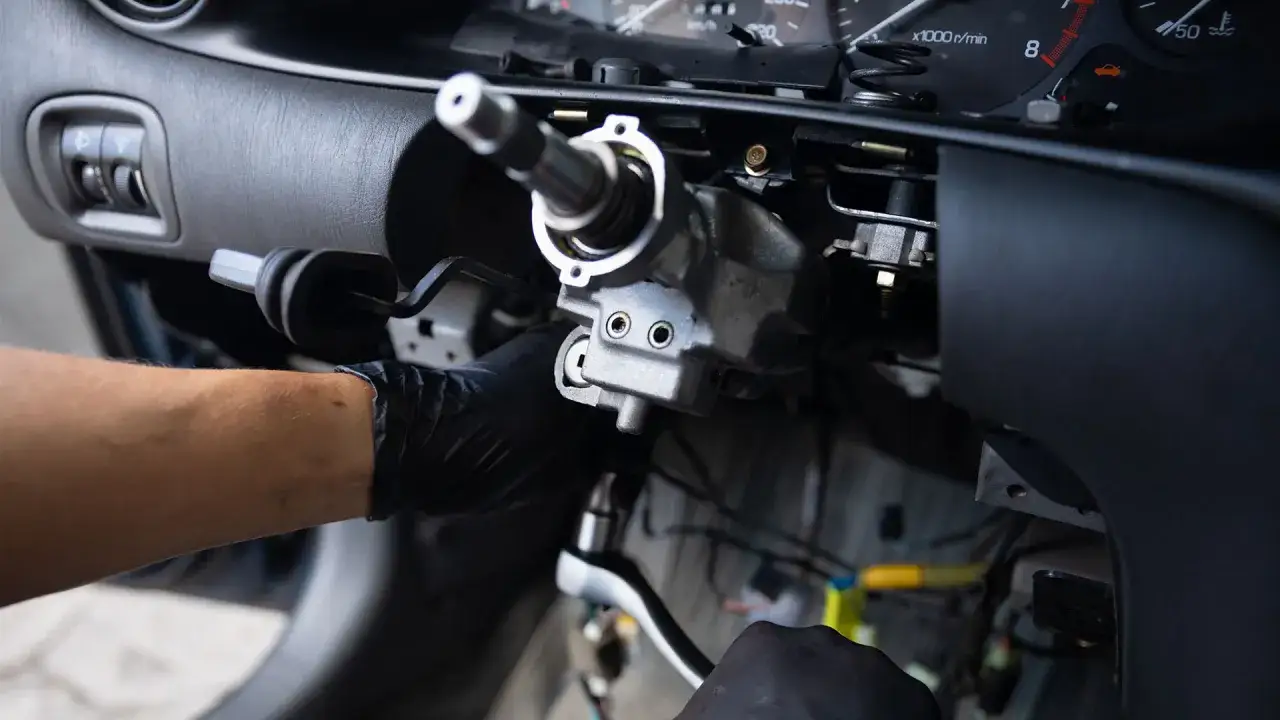 Mechanik naprawia uszkodzony drążek kierowniczy. Objawy problem&oacute;w z układem kierowniczym mogą być niepokojące.