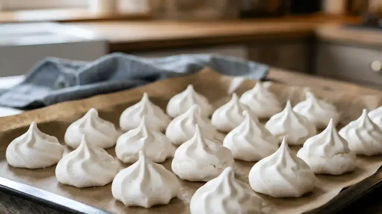Petites meringues blanches sur une plaque de cuisson, pr&ecirc;tes pour la cuisson. Une recette de meringue simple et d&eacute;licieuse.