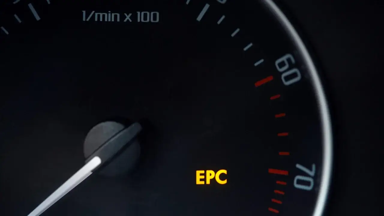 Żółta kontrolka EPC świeci się na desce rozdzielczej Audi, sygnalizując problem z silnikiem.