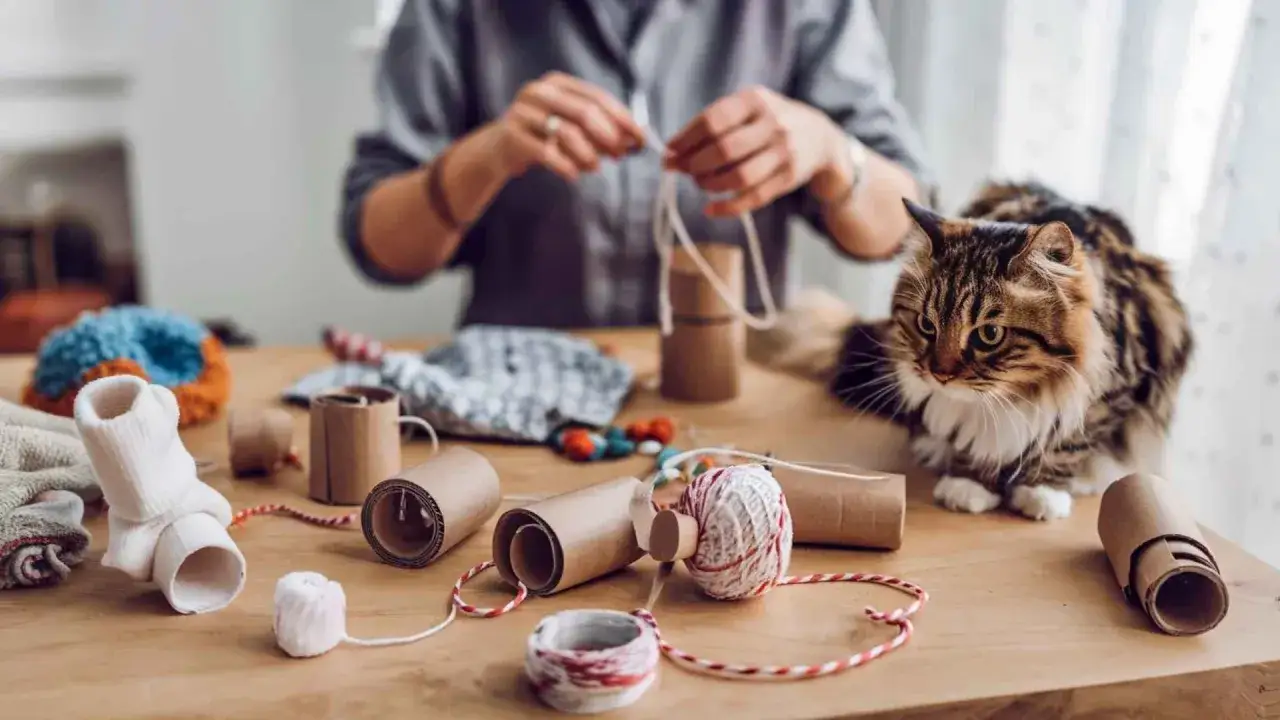 Manos creando juguetes para gatos caseros con tubos de cartón y lana. Un gato atigrado observa atentamente.