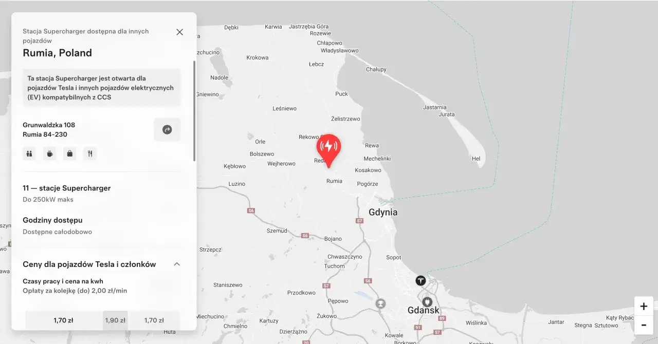 Cennik publicznych stacji ładowania Tesla Polska
