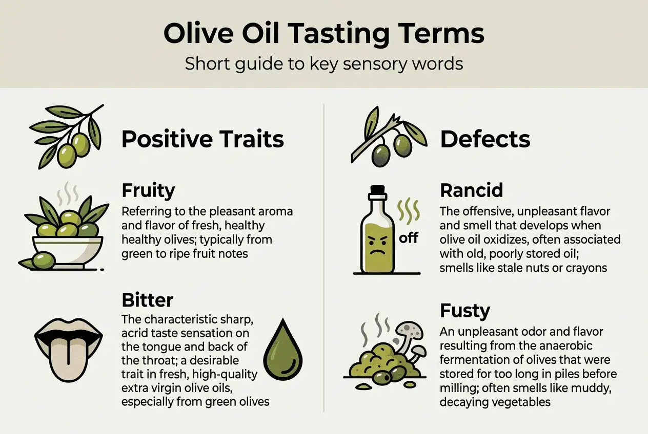 Guía de términos de cata de aceite de oliva. Muestra defectos como 