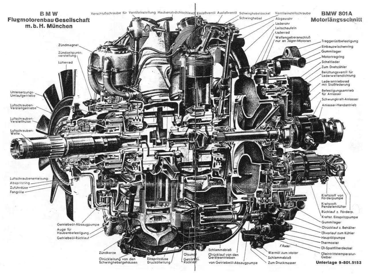 BMW 801A silnik gwiazdowy, przekrój podłużny. Widoczne elementy: wał, tłoki, zawory, turbosprężarka, układ smarowania.
