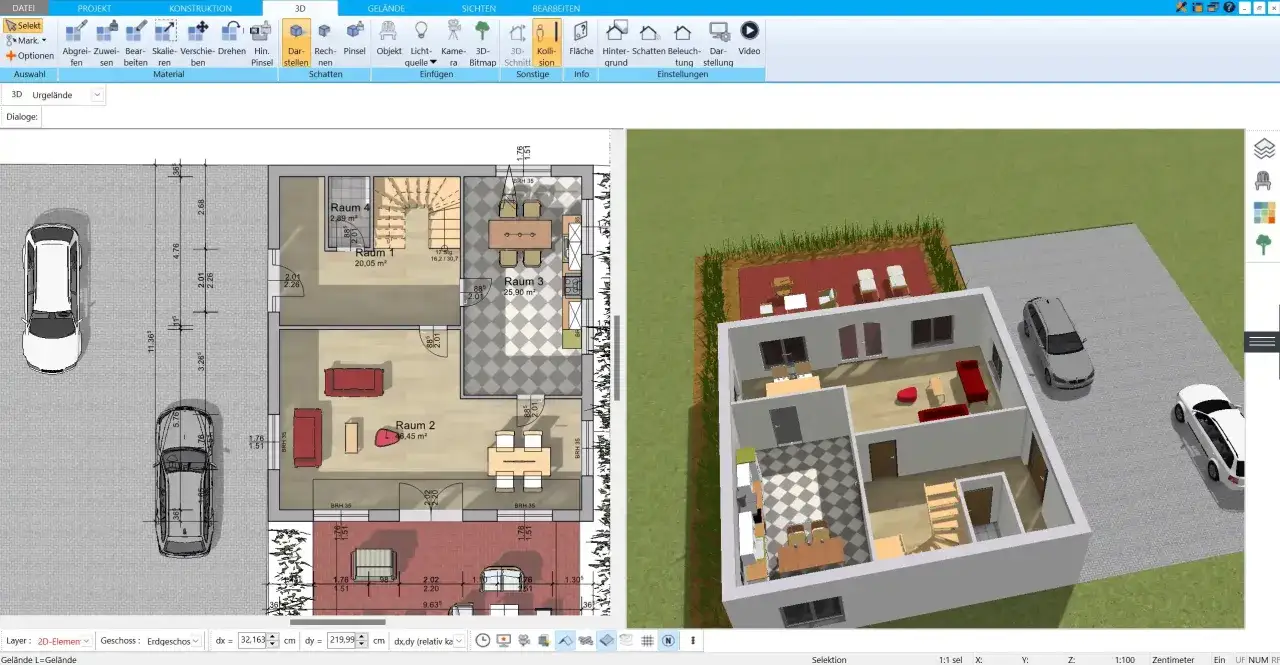 Grundriss und 3D-Ansicht eines Hauses mit Autos. Planung für den **Anbau Haus Kosten** im Blick.