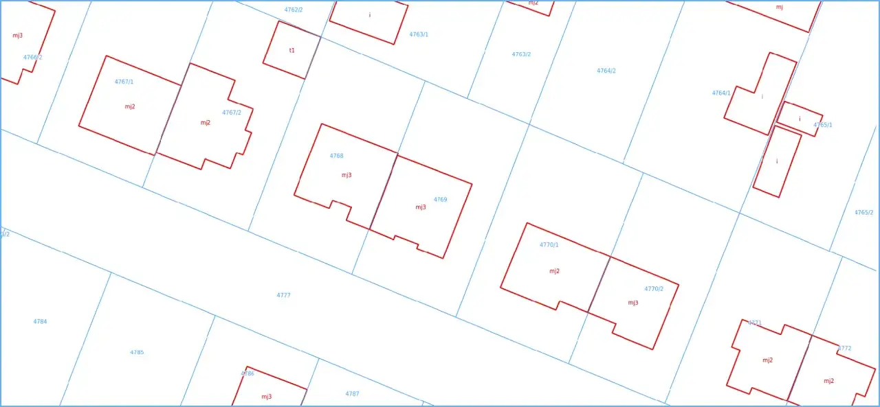 Mapa ewidencyjna z zaznaczonymi działkami i ich kategoriami gruntu. Widoczne numery działek i oznaczenia typu 