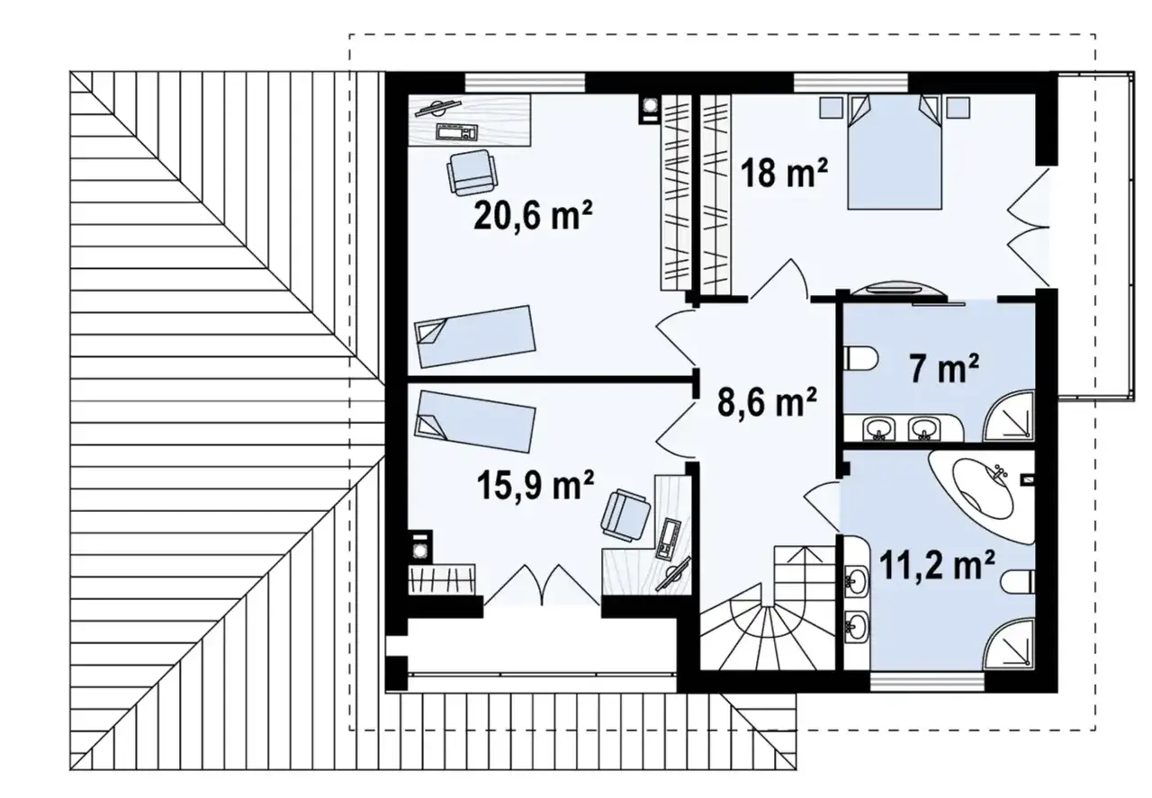 Rzut piętra projektu domu jednorodzinnego z poddaszem: sypialnia 18 m², pokój 20,6 m², pokój 15,9 m², łazienka 7 m², łazienka 11,2 m².