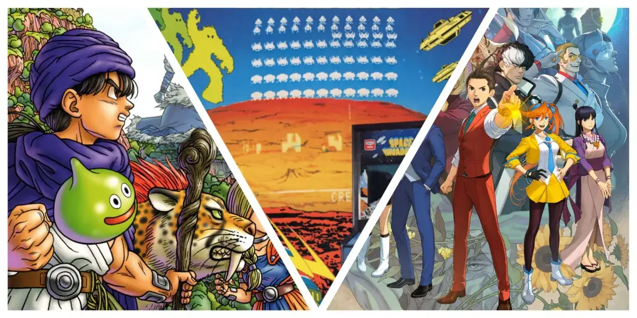 Kolaż przedstawia ikoniczne japońskie gry: postacie z Dragon Quest, klasyczny automat Space Invaders i bohaterów serii Ace Attorney.
