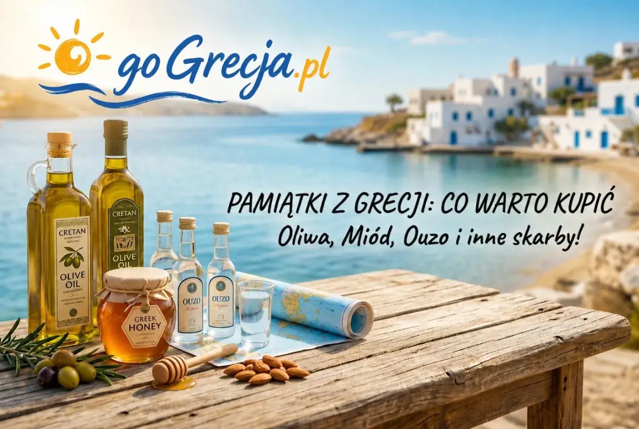 Oliwa, miód, ouzo – pamiątki z Grecji, które warto przywieźć. Na stole obok mapy i kieliszka stoją butelki greckich specjałów.