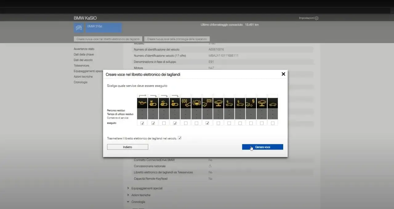 Interfaccia per il controllo tagliandi auto BMW. Seleziona i service eseguiti per creare una nuova voce nel libretto elettronico.