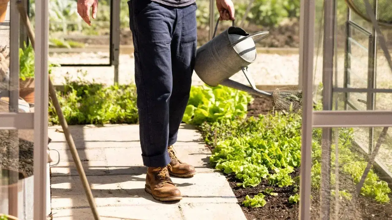Un jardinier arrose des salades dans une serre, signe que le jardinage en mars est bien lancé.