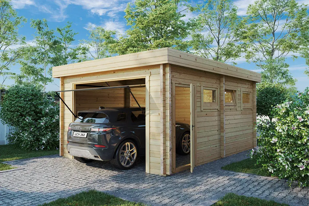 Garage en bois 40m2 sans permis de construire, abritant un SUV. Idéal pour protéger votre véhicule.