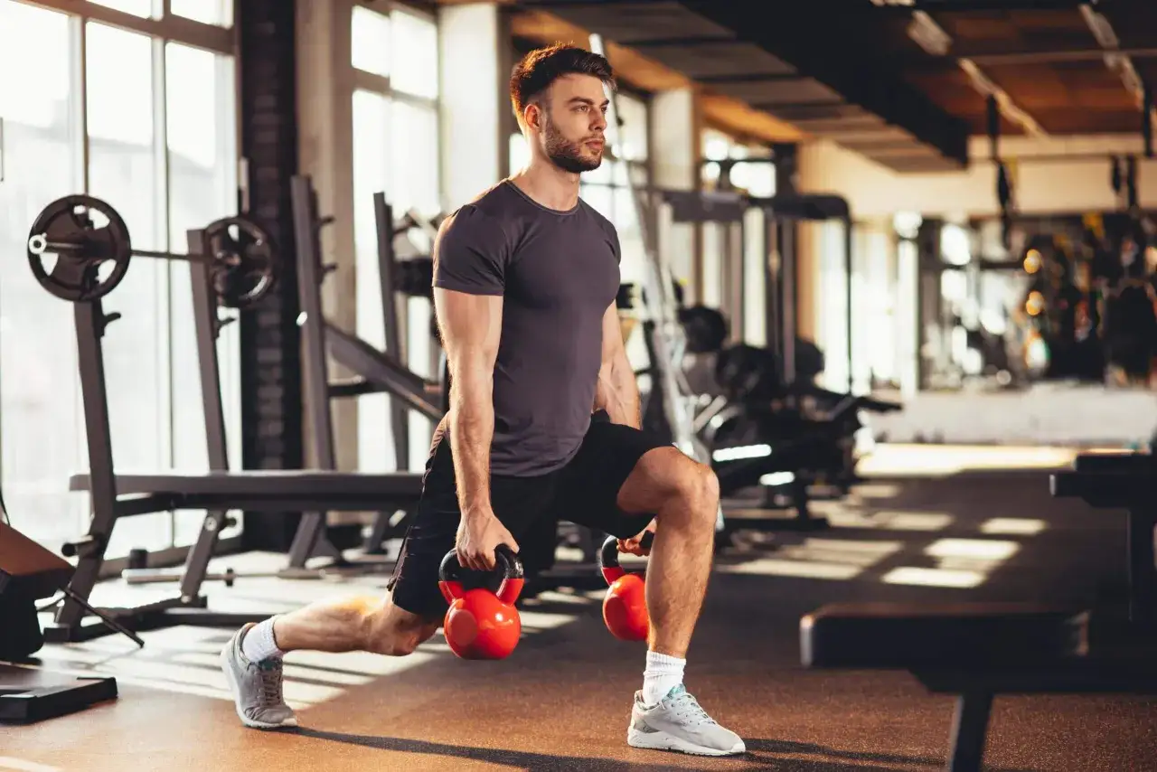 Mężczyzna wykonuje wykroki z kettlebellami. Zastanawiasz się, crossfit jak często ćwiczyć, by osiągnąć takie rezultaty?