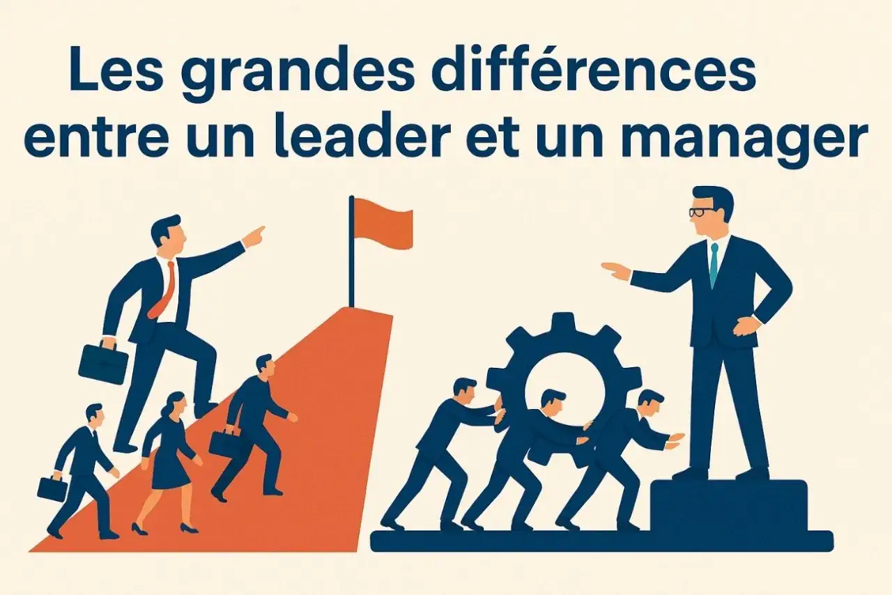 Illustration montrant la différence entre manager et leader. Un leader guide vers un sommet, un manager dirige une équipe poussant une roue dentée.