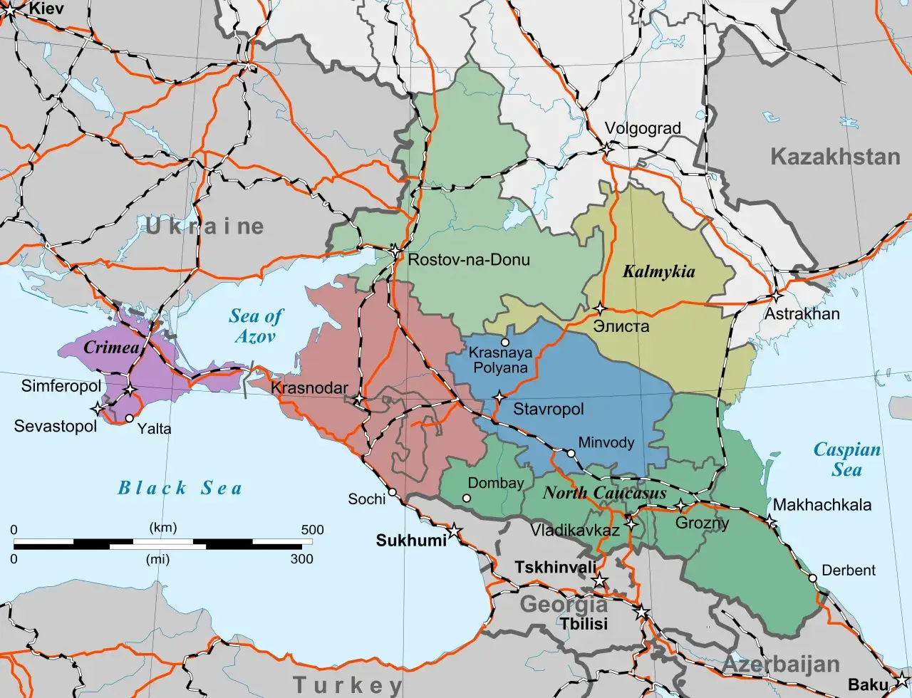 Mapa Kaukazu z zaznaczeniem kraj&oacute;w i m&oacute;rz