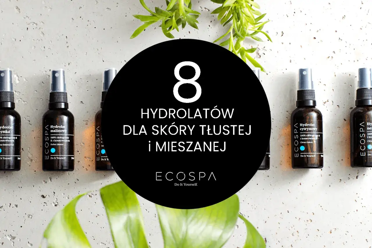 Osiem hydrolat&oacute;w do cery tłustej i mieszanej od Ecospa. Naturalne kosmetyki w ciemnych buteleczkach z atomizerem.