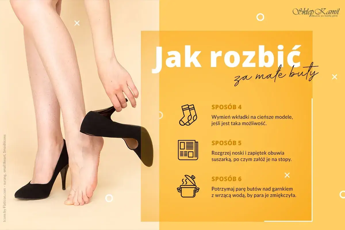 Jak rozchodzić buty, gdy są za małe? Porady: wymień wkładki, rozgrzej suszarką lub zmiękcz parę nad garnkiem z wrzącą wodą.
