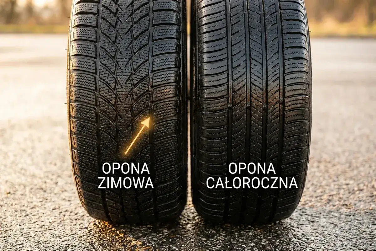 Por&oacute;wnanie bieżnik&oacute;w: opona zimowa z agresywnym wzorem i oznaczeniem, obok opona całoroczna.