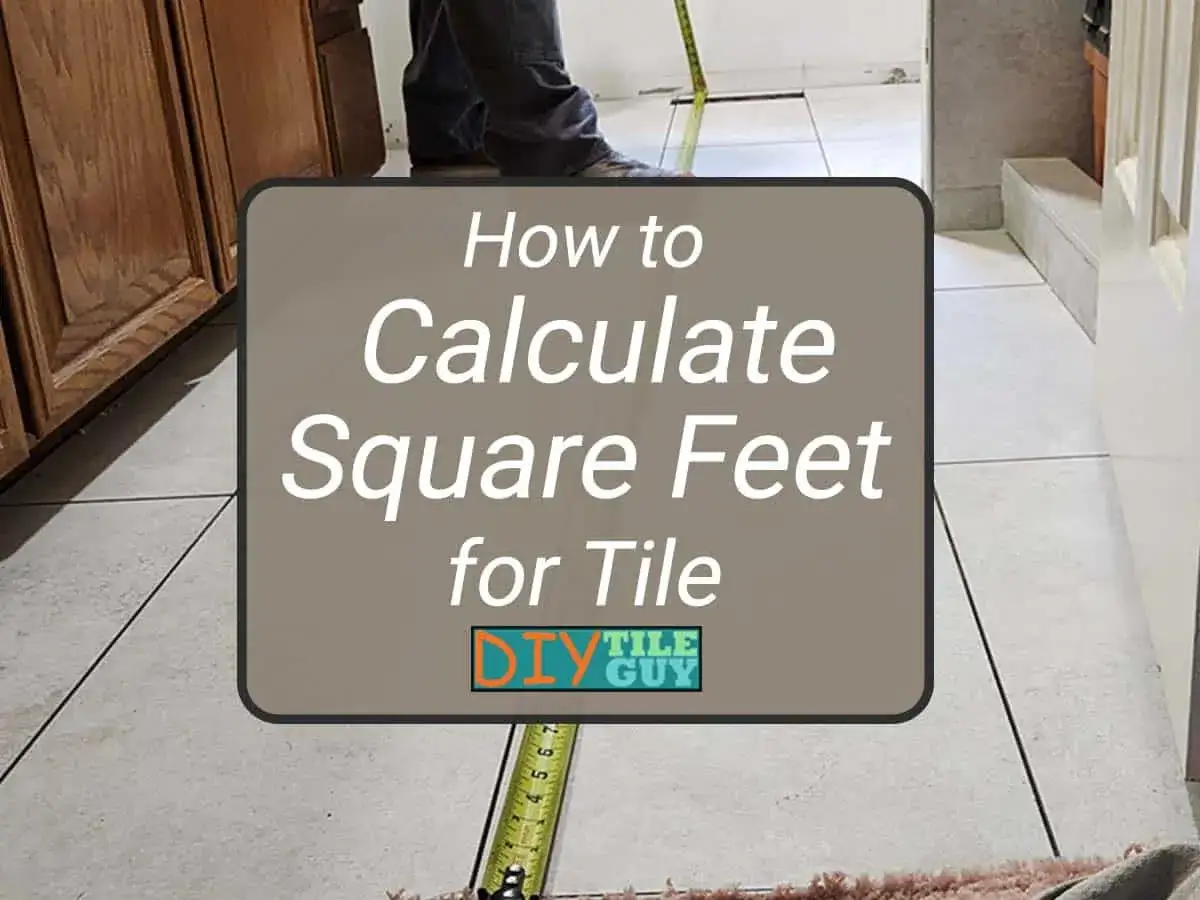 A person is measuring a tiled floor with a tape measure, demonstrating how to calculate square feet for tile projects.