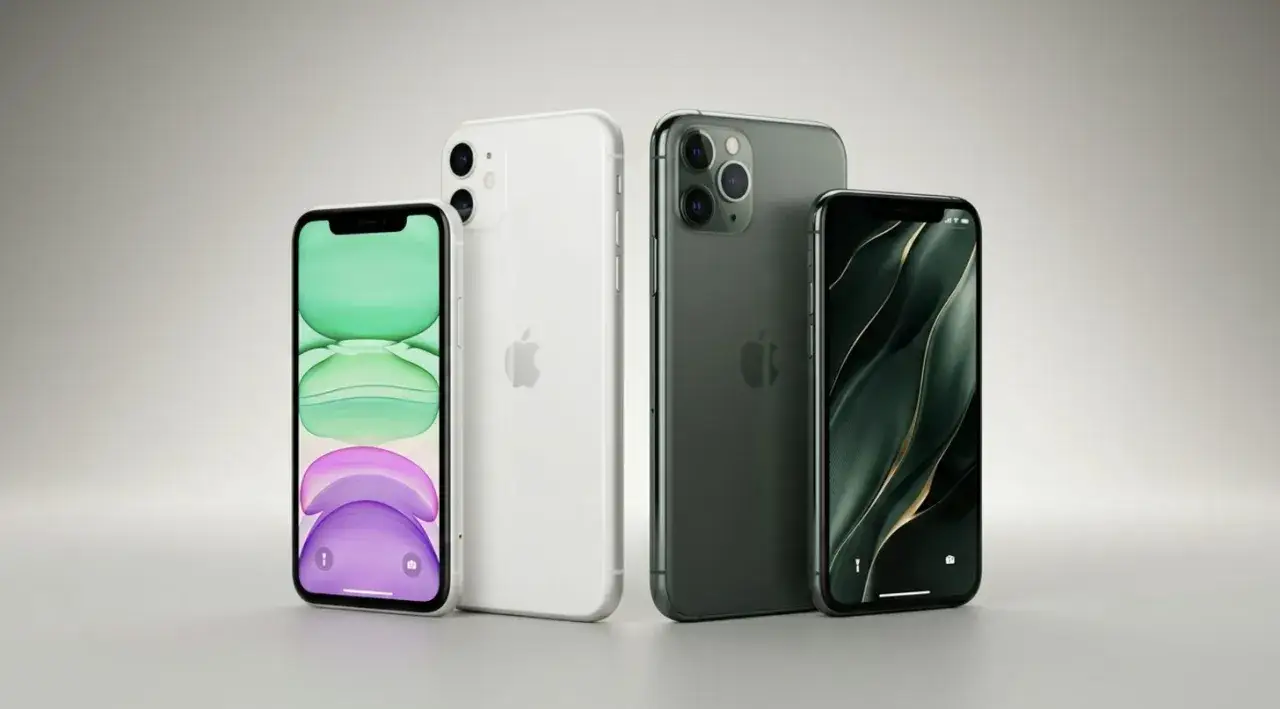 Dwa iPhone'y 11 i dwa iPhone'y 11 Pro w różnych kolorach, prezentujące ich wymiary i design.