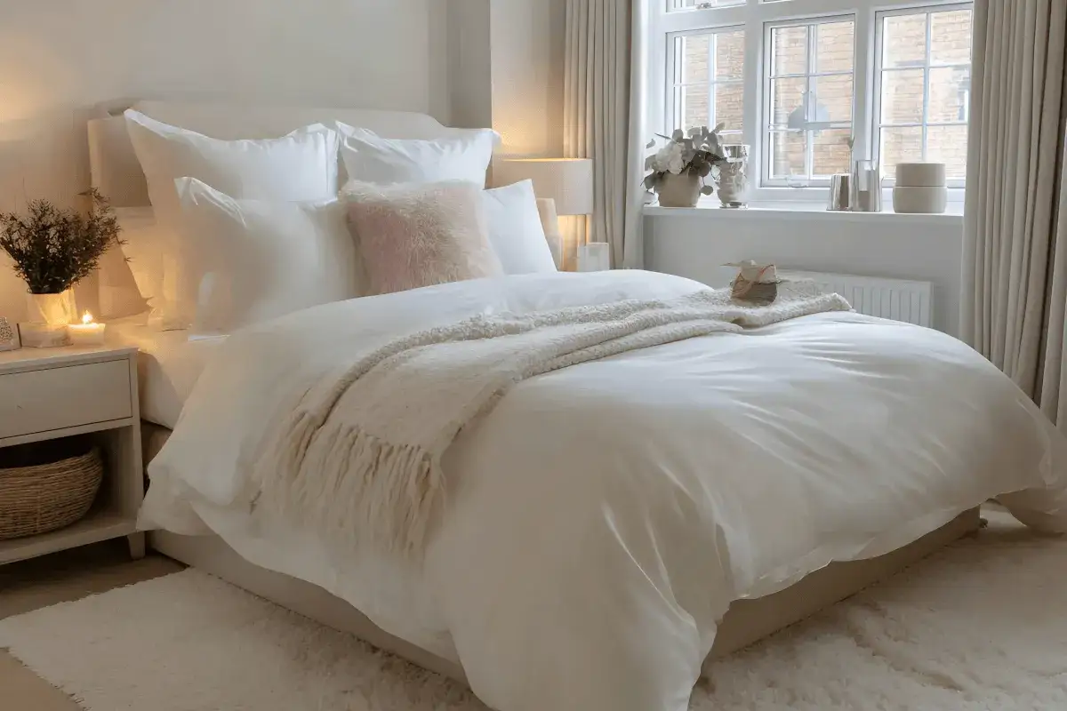 Dreaming of how to get a hotel bed at home? This plush, white duvet, layered with a cozy throw and soft pillows, creates a luxurious sanctuary.
