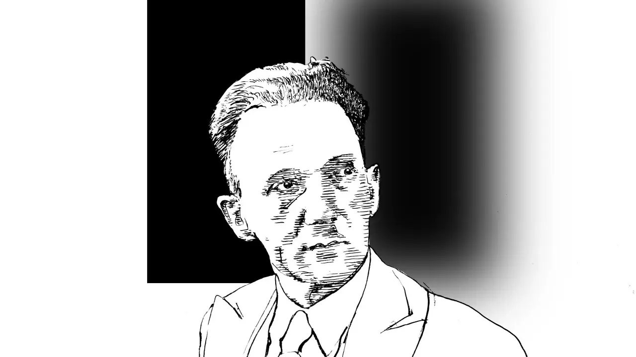 Portret mężczyzny w garniturze, z wyraźnym spojrzeniem, na tle kontrastujących czerni i bieli, symbolizujący irracjonalizm.
