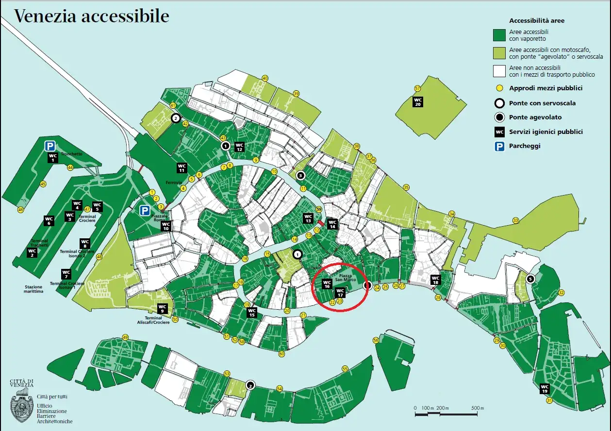 Mappa di Venezia accessibile, con aree verdi che indicano percorsi facilitati e punti di interesse, ideale per chi cerca musei gratis a Venezia e servizi accessibili.
