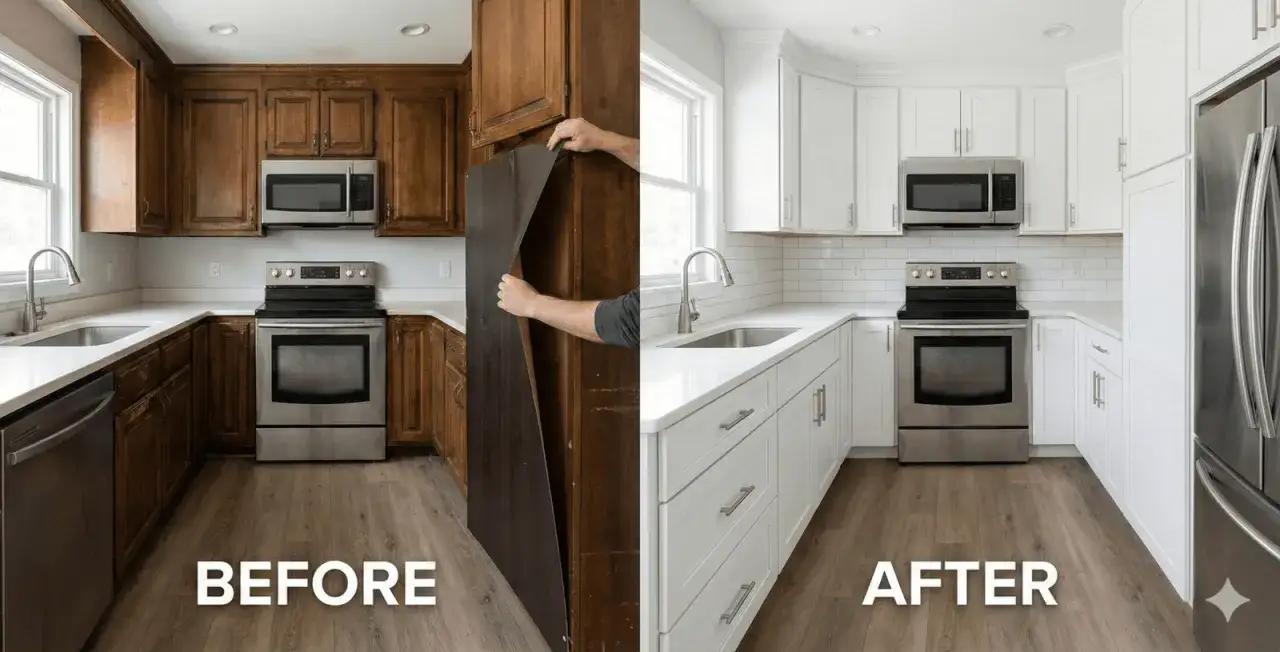 Cocina antes y después: gabinetes de madera oscura transformados a blanco brillante. ¡Un cambio radical al pintar muebles de cocina!