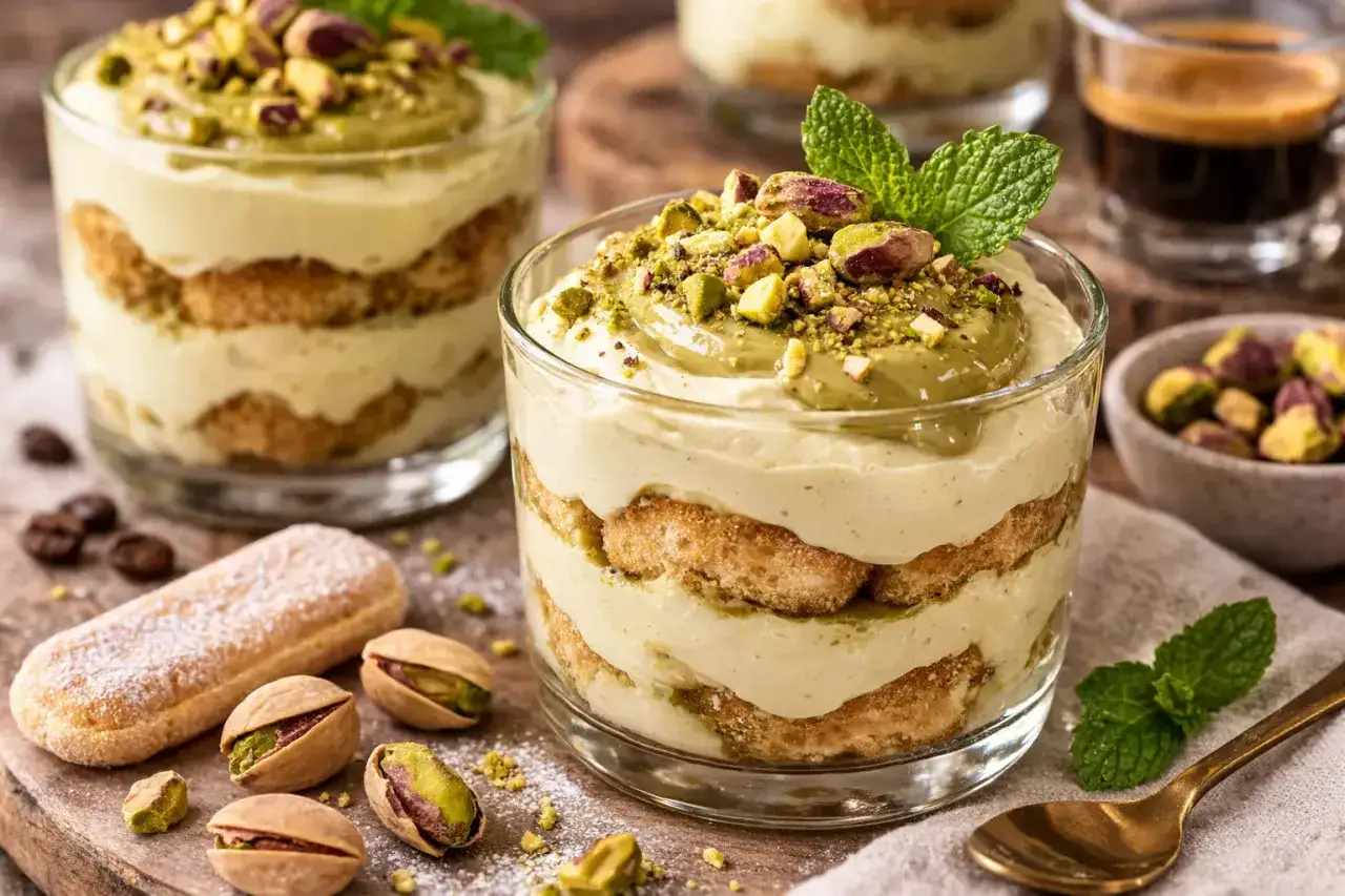 Schichtweises Pistazien Tiramisu im Glas, garniert mit gehackten Pistazien und Minze. Daneben Löffelbiskuits und ganze Pistazien.