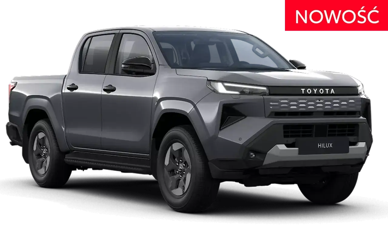 Nowy, szary Toyota Hilux pickup z nowoczesnym grillem i światłami LED. Idealny do pracy i przygód.
