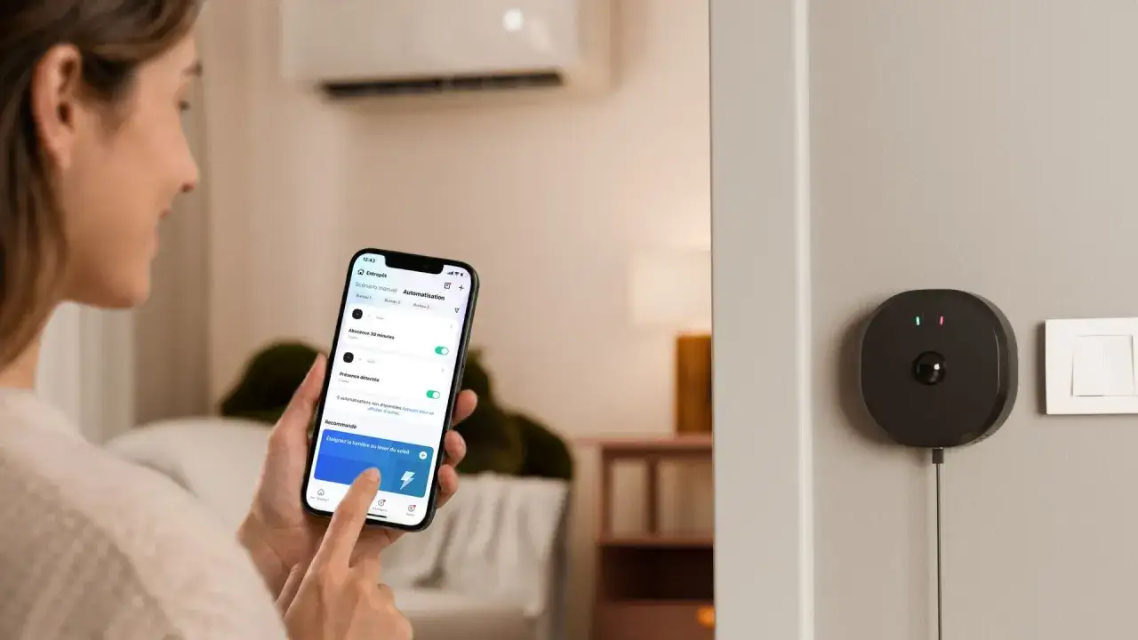Une femme utilise son smartphone pour contr&ocirc;ler un thermostat Tuya. L'application affiche des sc&eacute;narios d'automatisation pour la maison.